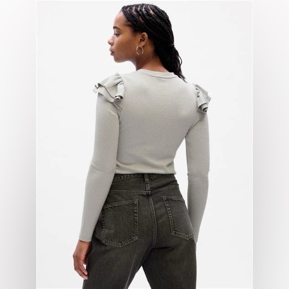 GAP - ribbed silver shine & ruffle longsleeve Medium - p2p is 18". - Picture 2 of 8